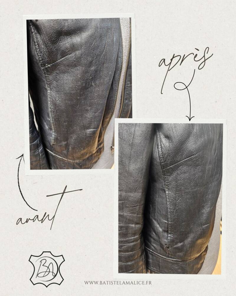 Blouson en cuir noir restauré,  avant, après 