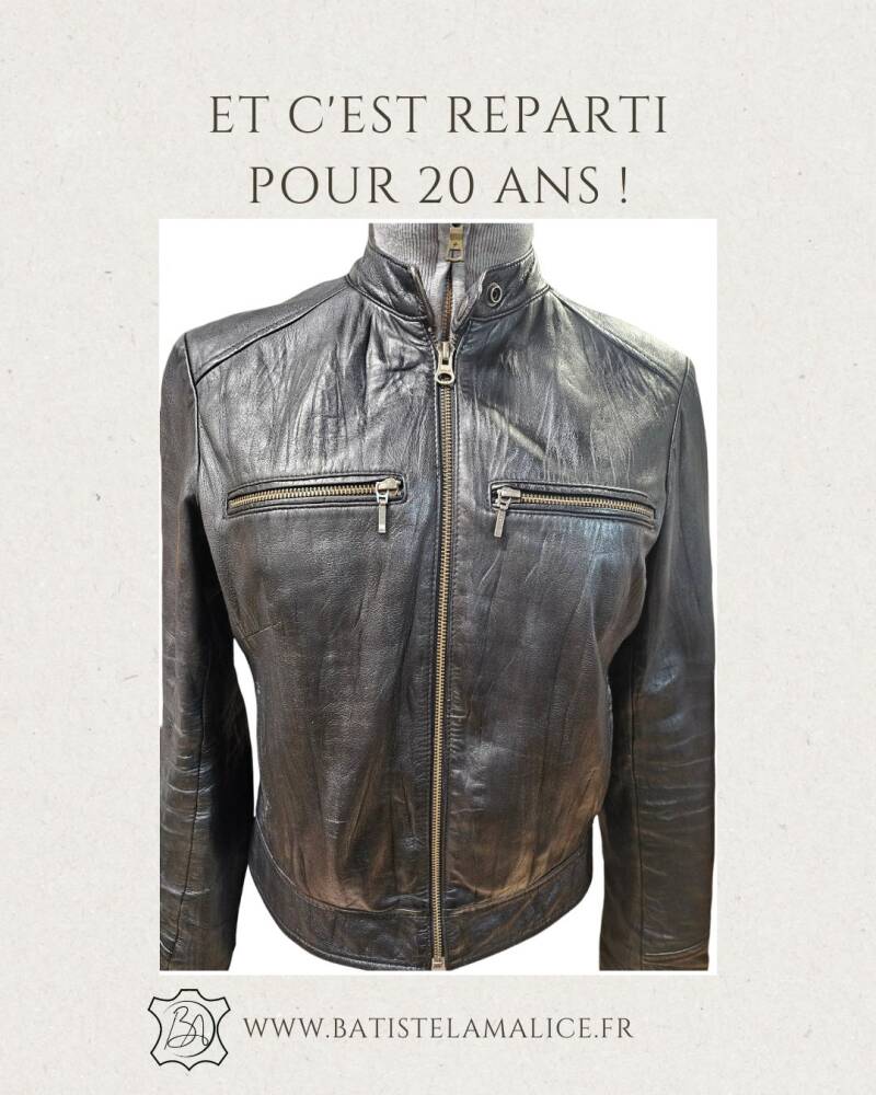Blouson en cuir noir restauré