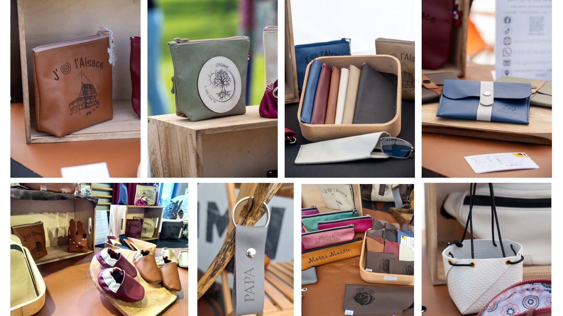 Divers articles de maroquinerie et accessoires en cuir artisanaux présentés dans des encadrés . Photos prises sur des stands d'exposition. Des trousses, porte-clés, étuis à lunettes et chaussons