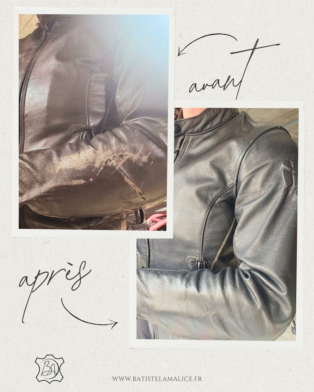 Blouson moto en cuir. Éraflé après une chute, rénové. Vu avant et après 