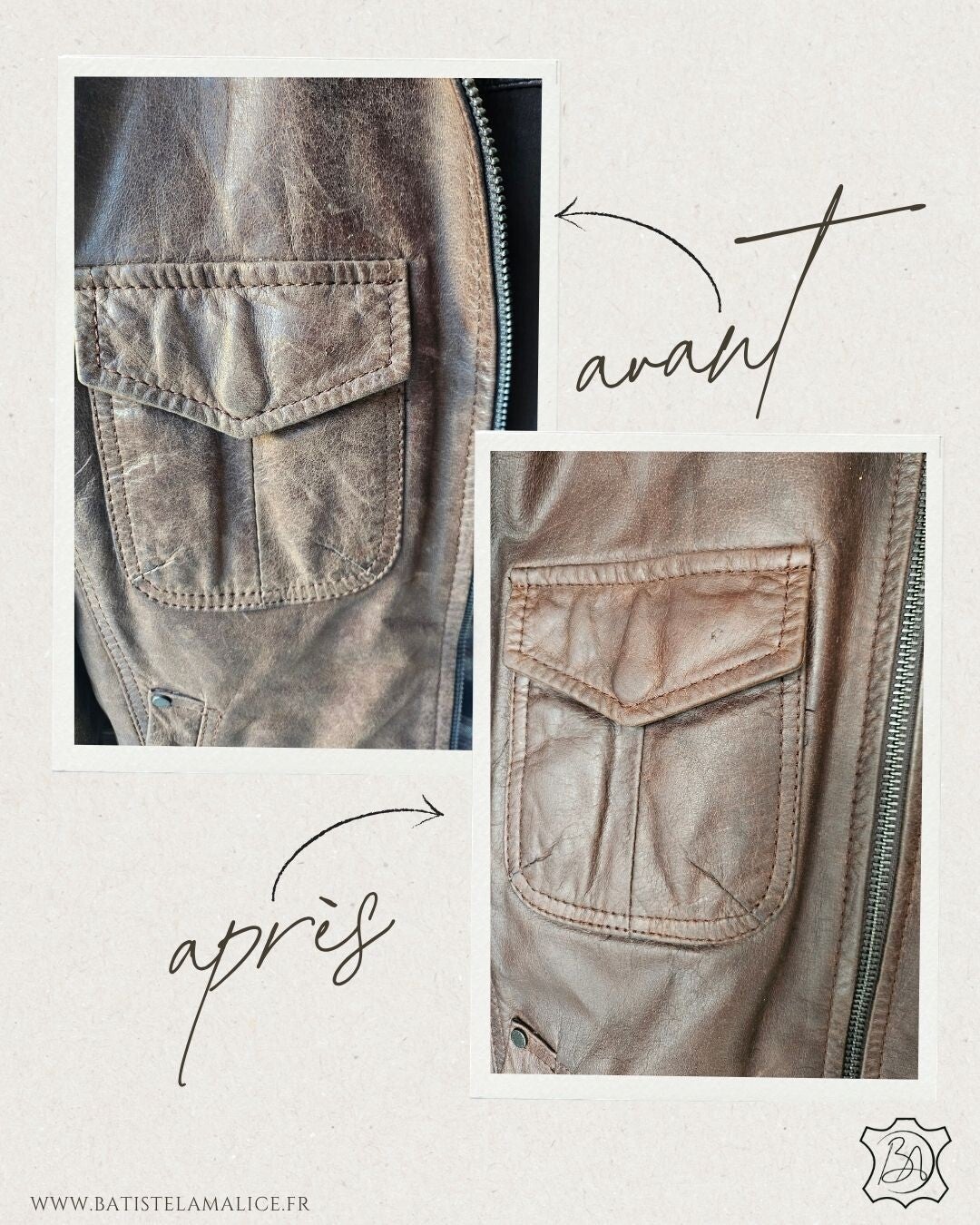 Blouson en cuir marron, rénové, vu avant après 