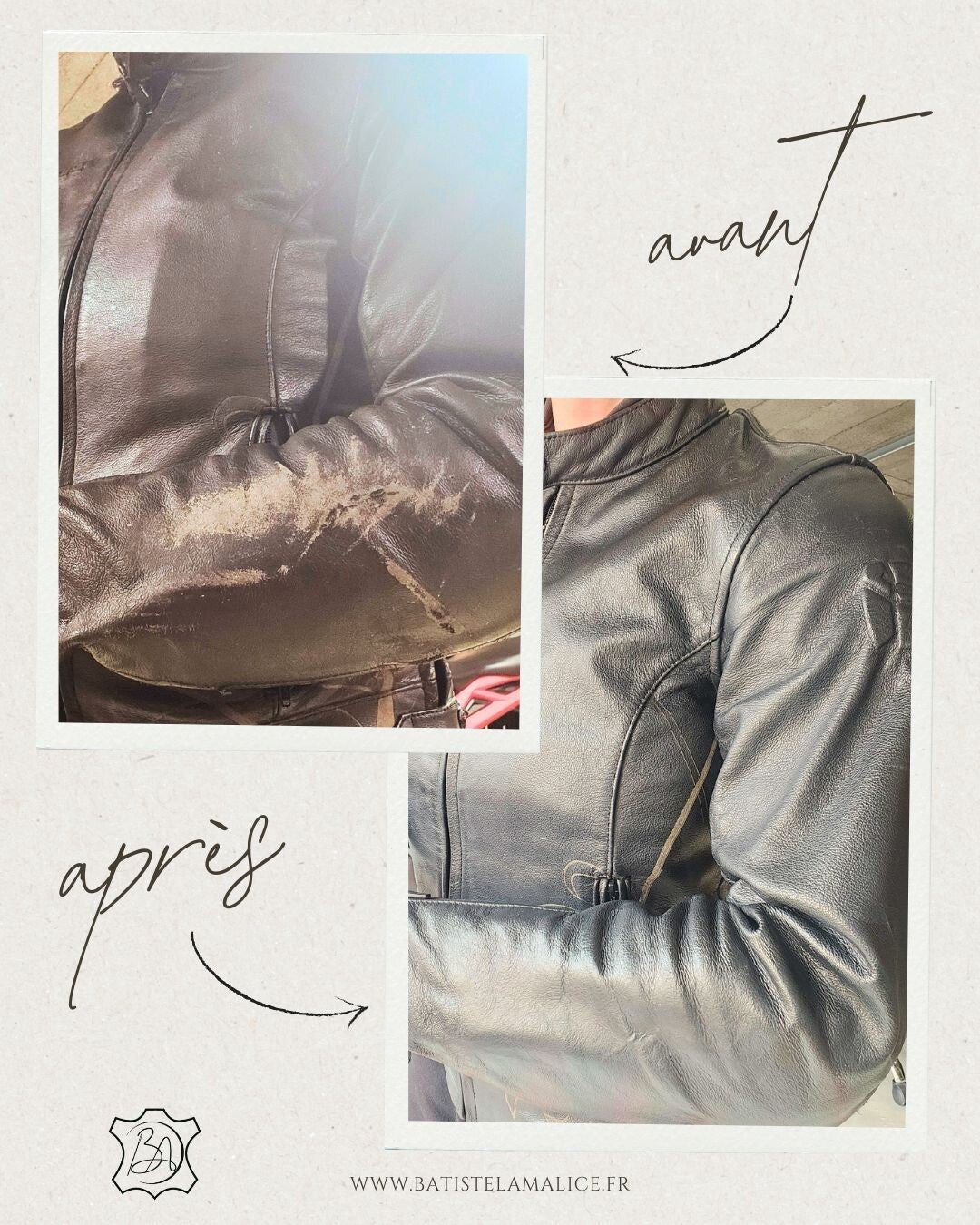 Avant après de la rénovation d'un blouson moto en cuir qui était griffé après une chute