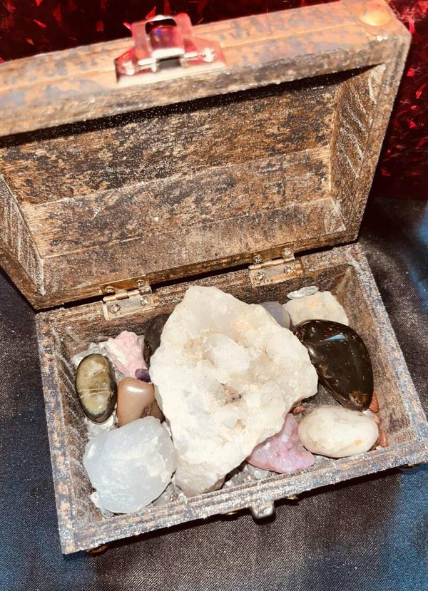 Medium treasure chest, with crystal quartz, rose quartz, amethyst, & agate