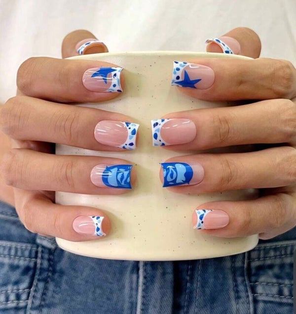 Blue & White Abstract French Tip Nails