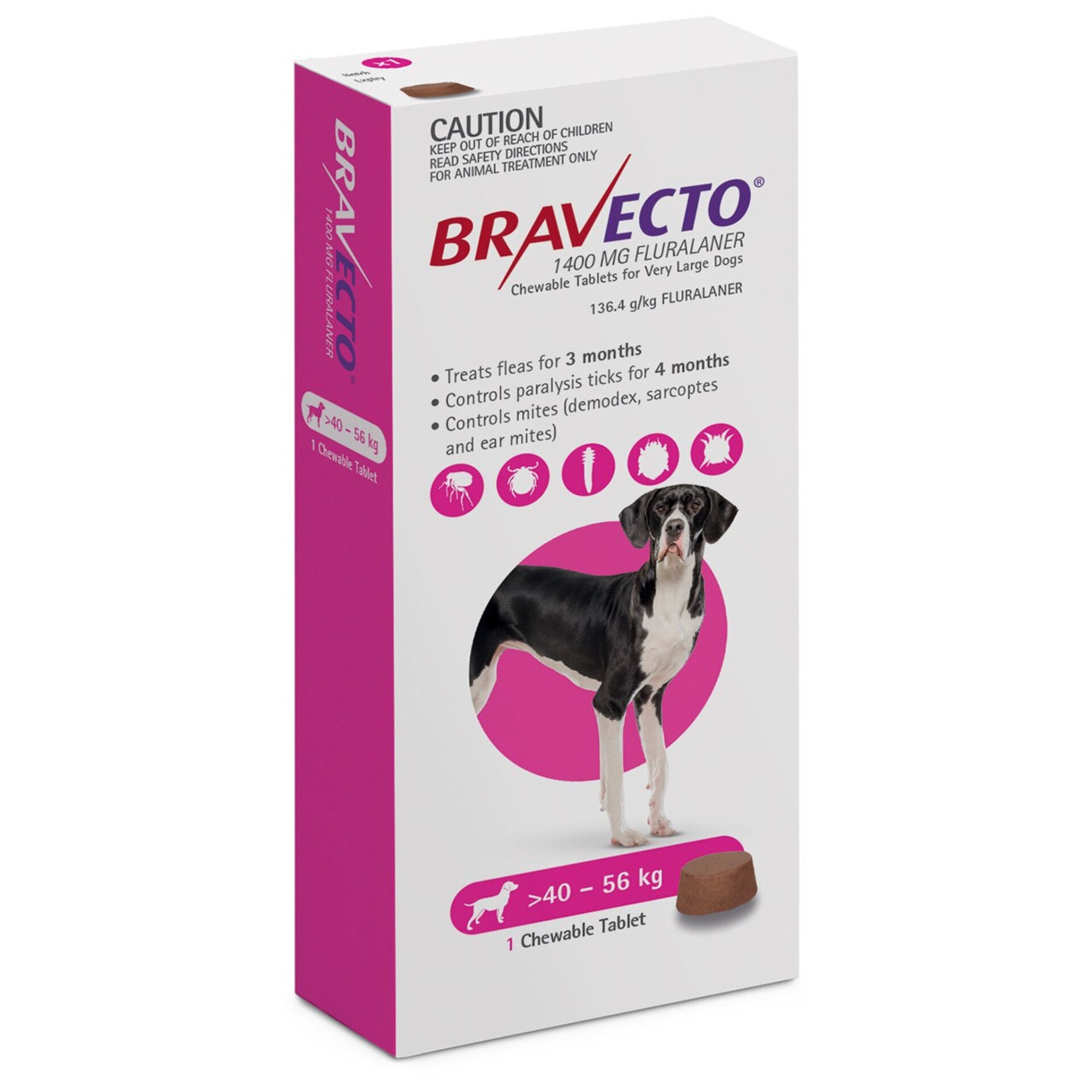 BRAVECTO MASTICABLE CONTRA PULGAS Y GARRAPATAS PARA PERROS DE 40-56 KG (88-123 LBS) – ROSA