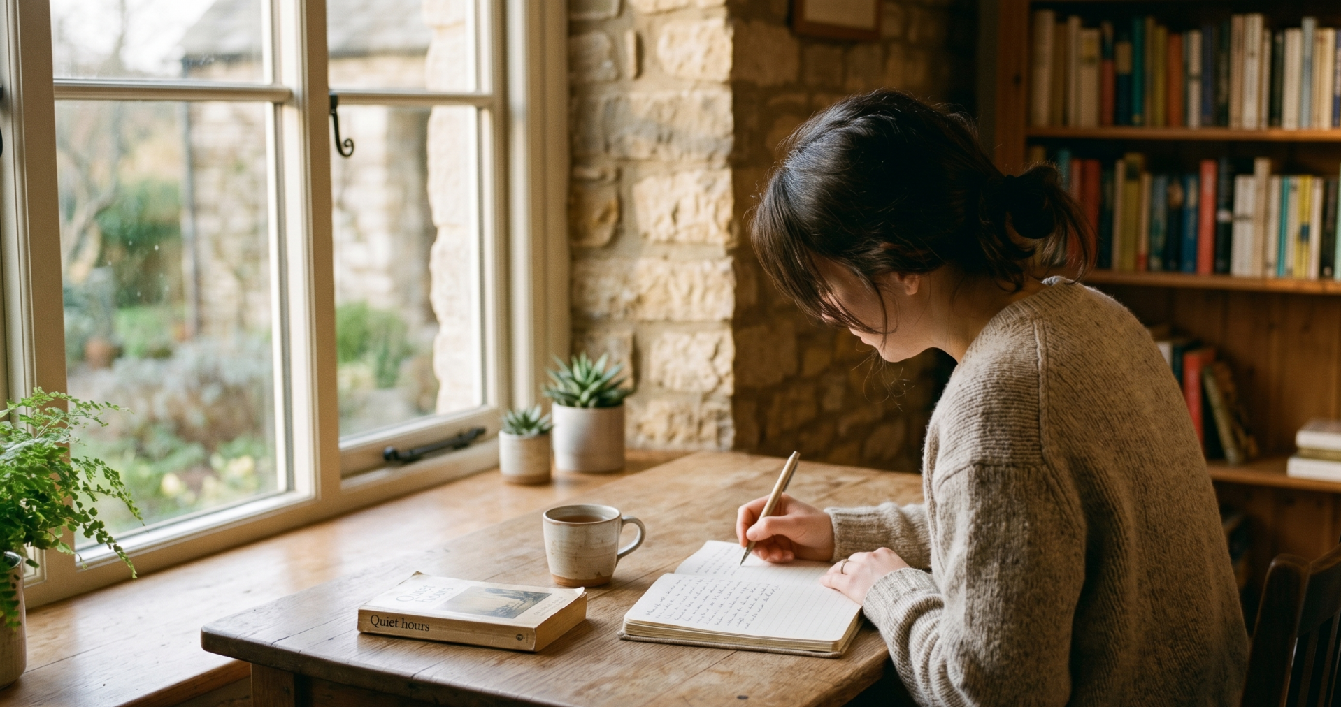 A woman writing in a journal at a wooden desk by a window, natural light, books on a shelf behind her.