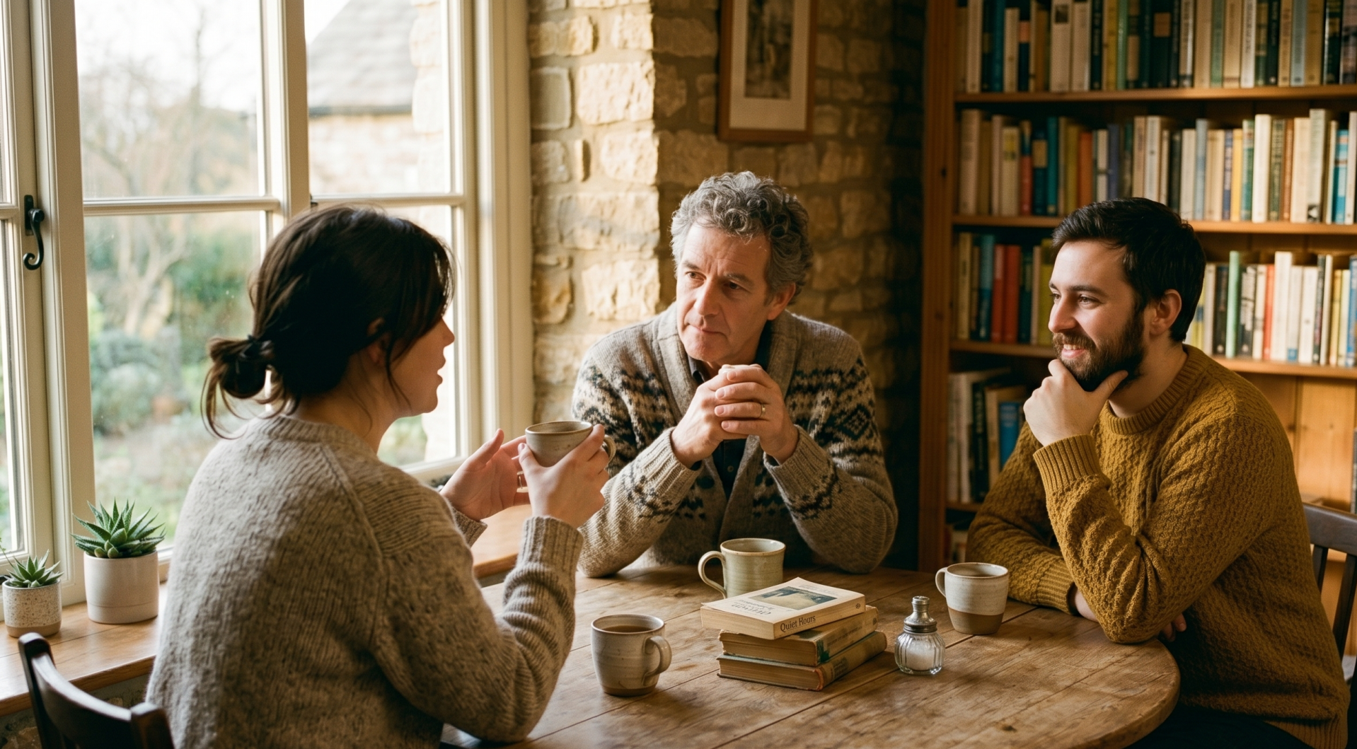 Three people in quiet conversation around a table with mugs and books, warm natural light.