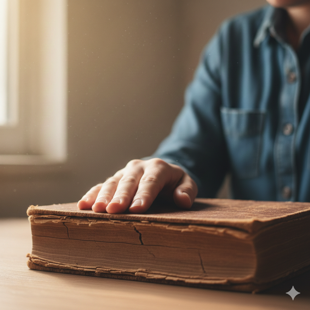 A person’s hand resting thoughtfully on the weathered, tattered cover of a large, ancient-looking book, evoking a sense of history and shared memories.