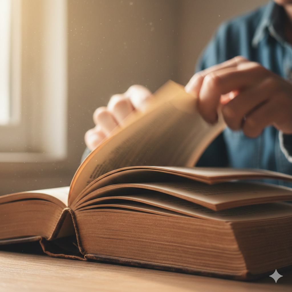 A close-up, atmospheric shot of a person’s hands quickly flicking through the pages of a thick, open book on a wooden table, with soft sunlight and dust motes in the background.