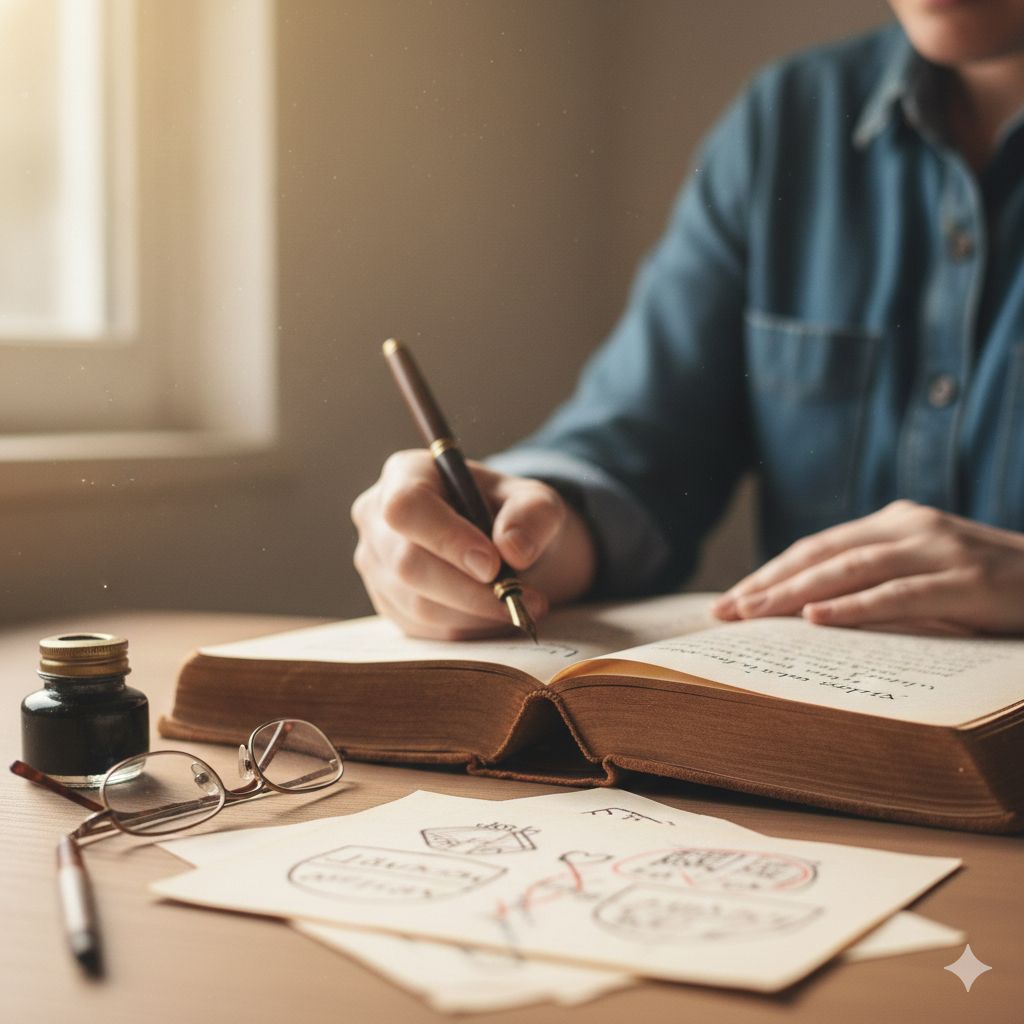  a person writing in an open vintage book with a fountain pen, surrounded by an inkwell, spectacles, and hand-drawn sketches on a wooden desk.