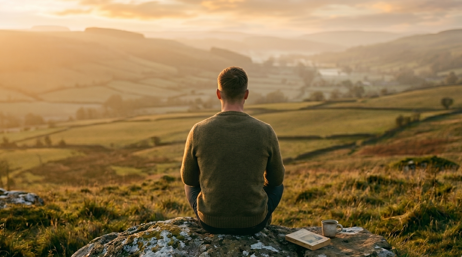 A man sitting alone on a hillside rock looking out over a golden valley at sunrise, a book and coffee beside him.