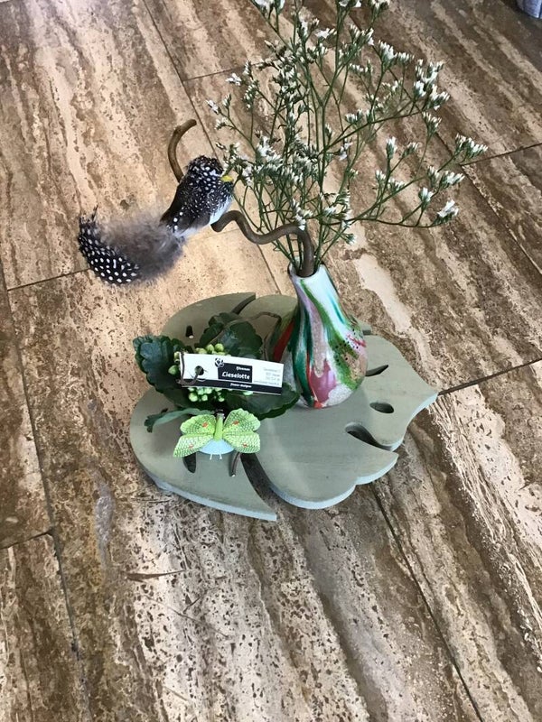 Blad in hout met plantje en leuke vaas