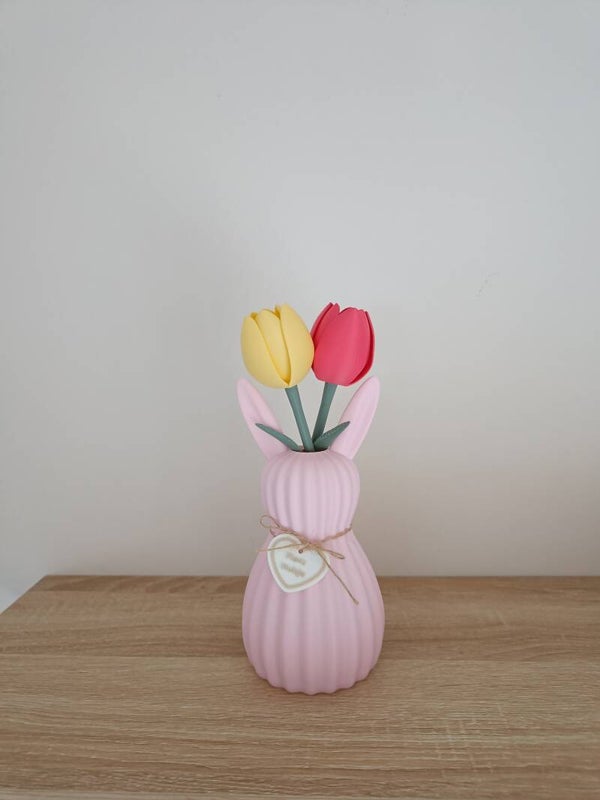 3D vaas 'bunny' roze met tulpen