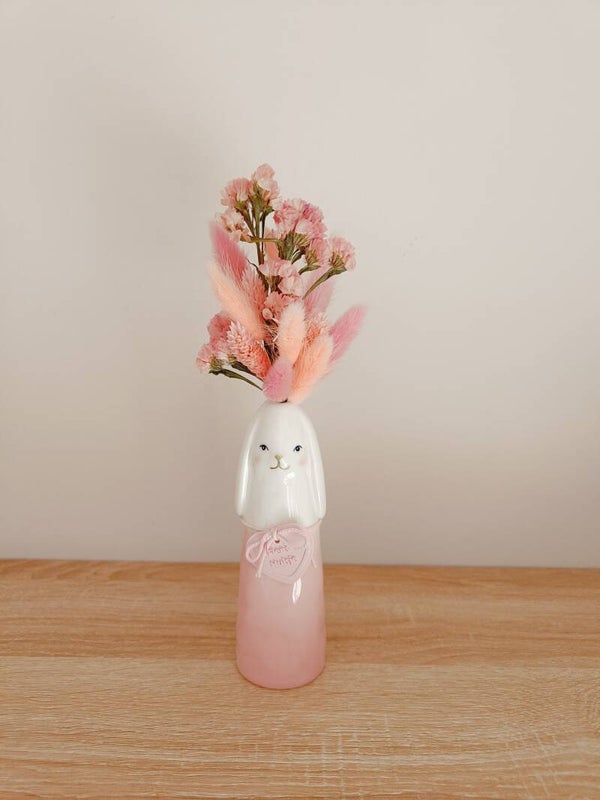 Hoog vaasje bunny met droogbloemen roze/peach