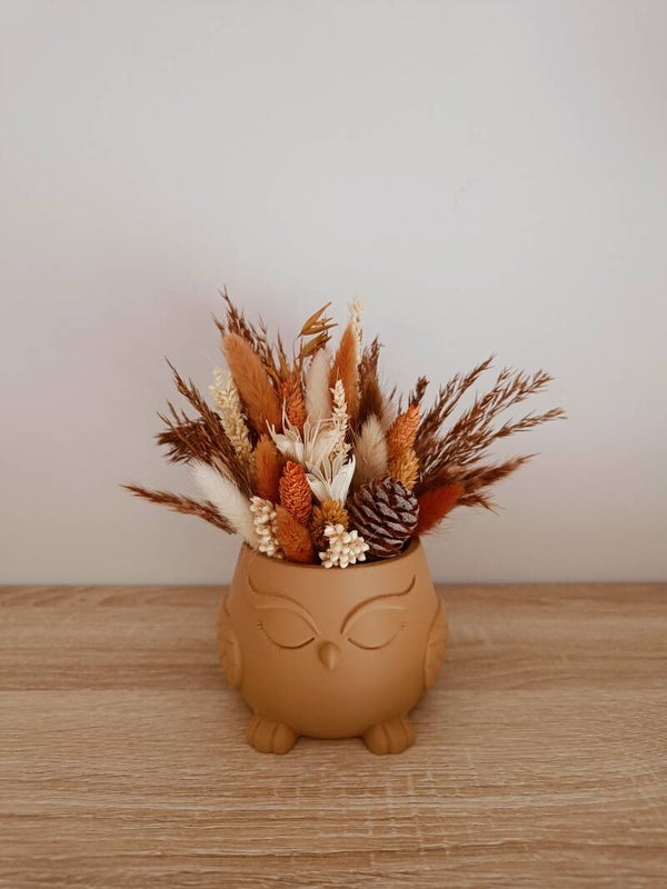 3D Bloempot uil met droogbloemen