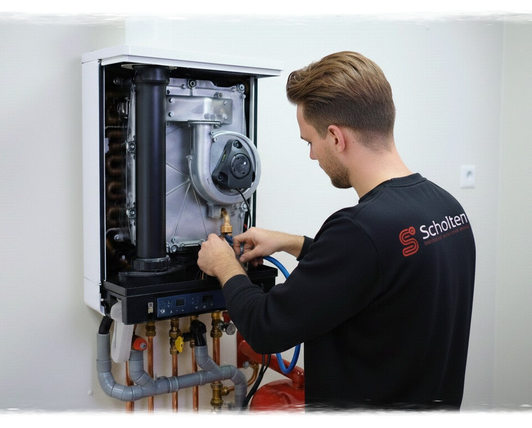 Monteur werkt aan een geopende cv-ketel