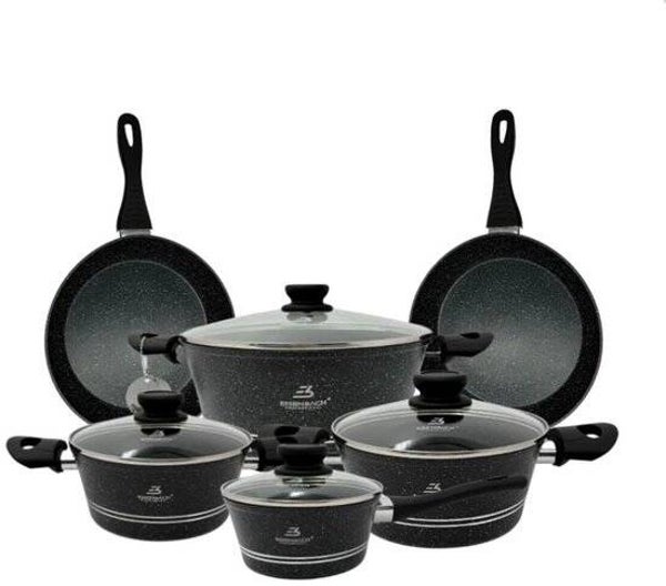 10 Delig Pannenset – Marmerlook – Marmeren Coating – Inclusief Glazen Deksels – Zwart
