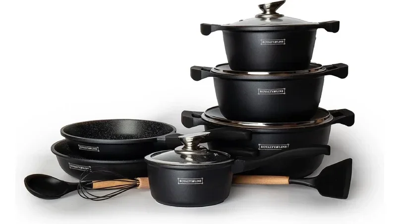Royalty Line® Pannenset Inductie – 13 Delige Pannensets Met Antiaanbaklaag – PFAS Vrij – Set Met Koekenpannen, Kookpotten & Steelpan – Pannen Voor Alle Warmtebronnen – Zwart
