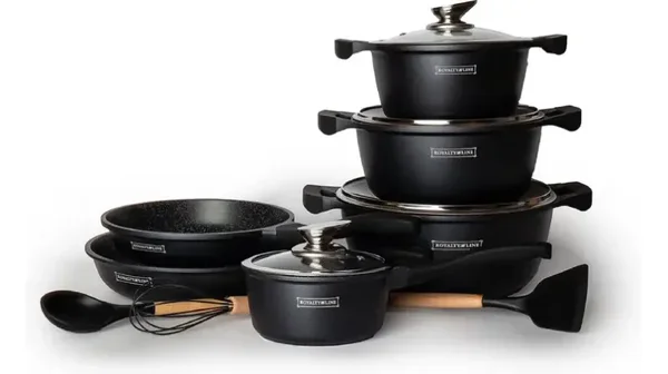 Royalty Line® Pannenset Inductie – 13 Delige Pannensets Met Antiaanbaklaag – PFAS Vrij – Set Met Koekenpannen, Kookpotten & Steelpan – Pannen Voor Alle Warmtebronnen – Zwart