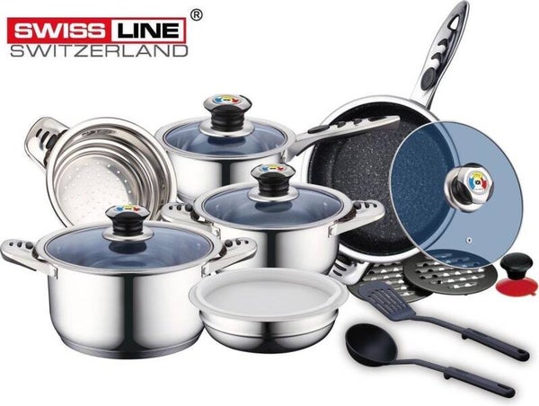 Luxe Pannenset RVS – 16-delig – Zilver – Glazen deksel NIEUW!