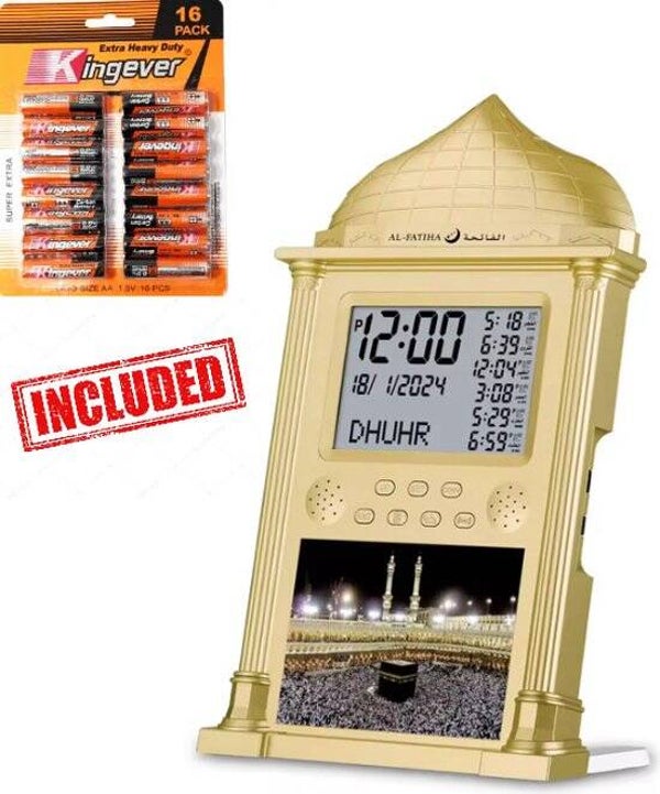Yarvu – Azan Klok + 16 AA Batterijen Meegeleverd – 34*21 CM – Moslim – Islam – Gebedsklok – Gebed – Adhan – Ramadan Decoratie – Adan Alarm – Goudkleurig