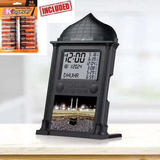 Yarvu – Azan Klok + 16 AA Batterijen Meegeleverd – 34*21 CM – Moslim – Islam – Gebedsklok – Gebed – Adhan – Ramadan Decoratie – Adan Alarm – Zwart