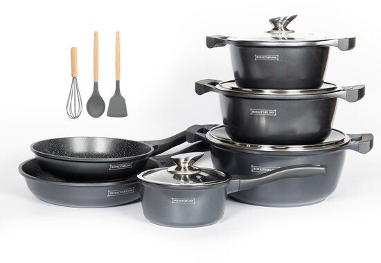 Royalty Line® BS1010 Pannenset Inductie - 13 Delige Pannensets Met Antiaanbaklaag - PFOA Vrij - Pannen Voor Alle Warmtebronnen - Grijs