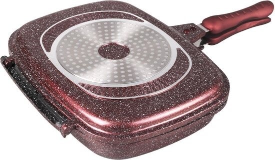 Royal Swiss® Dubbele Grillpan 32 cm – Burgoundy Colour – Marble Antiaanbaklaag – Magnetische Sluiting – Geschikt voor Inductie, Gas & Keramisch – Dubbele Koekenpan – PFAS-vrij