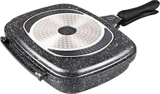 Royal Swiss® Dubbele Grillpan 32 cm – Zwart – Marble Antiaanbaklaag – Magnetische Sluiting – Geschikt voor Inductie, Gas & Keramisch – Dubbele Koekenpan – PFAS-vrij