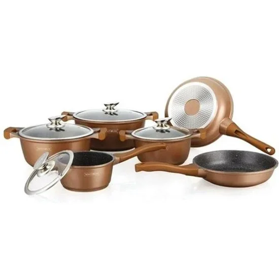 Royalty Line® FD10B Pannenset Inductie – 10 Delige Pannensets – Set met Koekenpannen, Hapjespan, Kookpotten & Steelpan – Pannen Geschikt Voor Alle Warmtebronnen – PFOA & PTFE Vrij – Pan Met Antiaanbaklaag – Koper