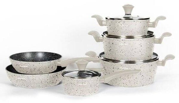 Royalty Line® FD10BG Pannenset Inductie - 10 Delige Pannensets - PFAS Vrij - Set met Koekenpannen, Hapjespan, Kookpotten & Steelpan - Pannen Geschikt Voor Alle Warmtebronnen - Beige