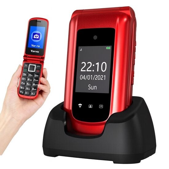 Yarvu - Flip 1 - 4G Senioren GSM + Oplaadstation - Dual Sim - Dual Scherm - Big Button Mobiele Telefoon - Grote Toetsen & Cijfers - SOS Knop - Mobiel - Ouderen - Rood