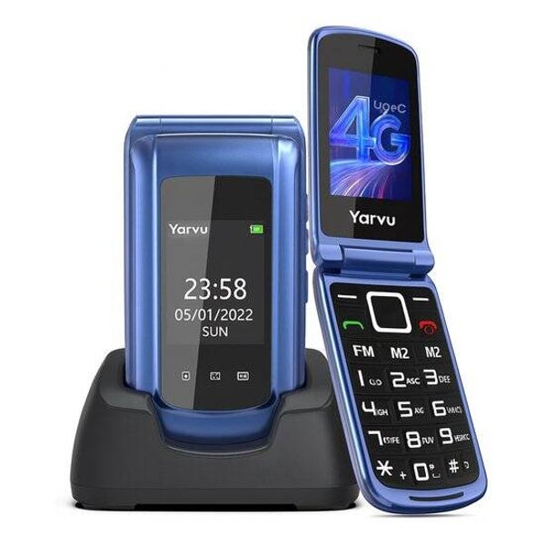 Yarvu - Flip 1 - 4G Senioren GSM + Oplaadstation - Dual Sim - Dual Scherm - Big Button Mobiele Telefoon - Grote Toetsen & Cijfers - SOS Knop - Mobiel - Ouderen - Blauw