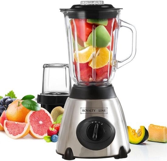 Royalty Line® 2 in 1 Blender + Grinder  - Smoothie Maker Met 1.5 L Glazen Kan - Incl. Kruidenmaler - Smoothie Blender - BPA Vrij - 800W - 2 Snelheden + Pulse - RVS