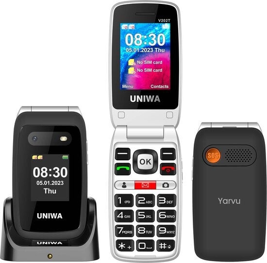 Yarvu Uniwa - 4G Senioren Mobiele Telefoon - Met Oplaadstation + Dual Screen - Grote Letters & Toetsen - Big Button GSM - Seniorentelefoon - Klaptelefoon - Zwart