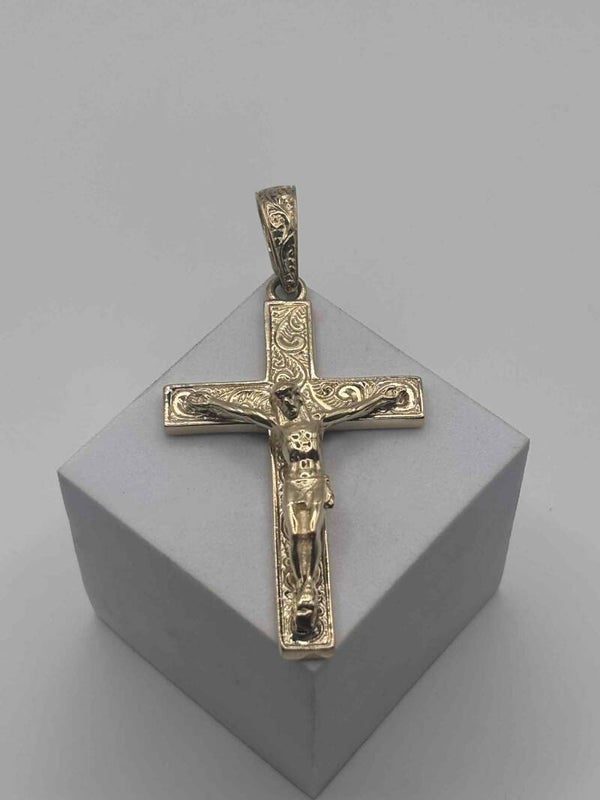 Solid Large Patterned Jesus on Cross Pendant, 9ct Yellow Gold