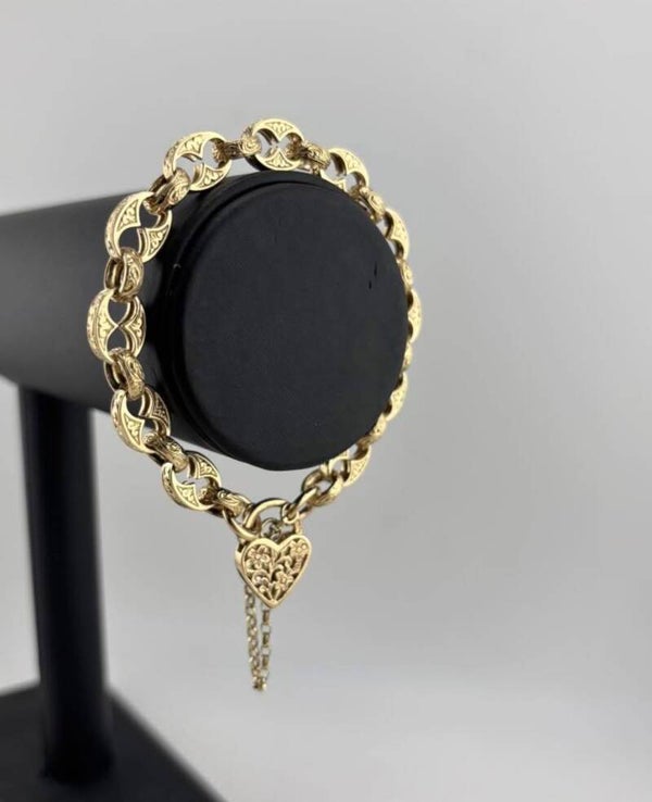 Button Link Bracelet with Heart Lock, 9ct Yellow Gold