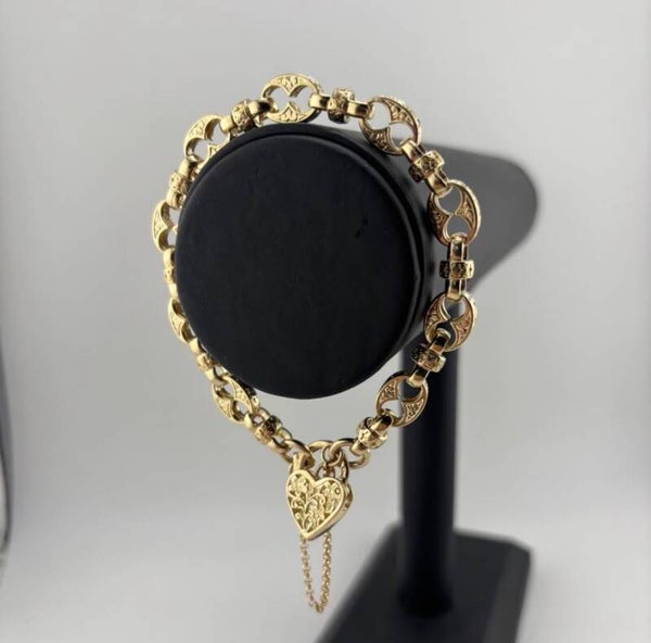 Button Link Bracelet With Heart Locket 8”, 9ct Yellow Gold