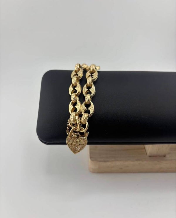 Button Link Bracelet With Heart Locket 7.5”, 9ct Yellow Gold