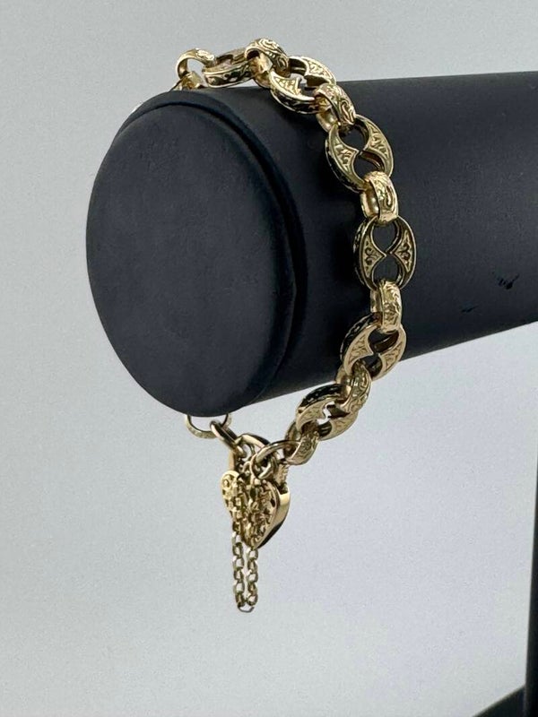 Button Link Bracelet With Heart Locket 7.5", 9ct Yellow Gold