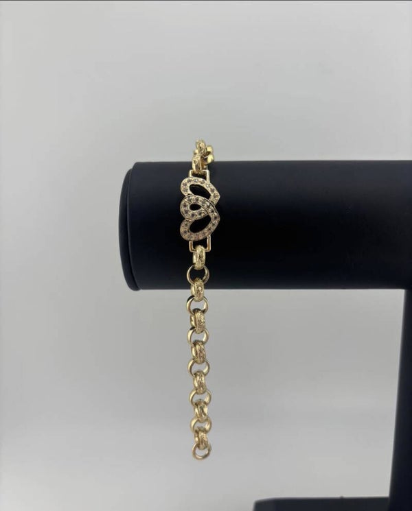 Stone Set Double Heart Bracelet 7.5", 9ct Yellow Gold
