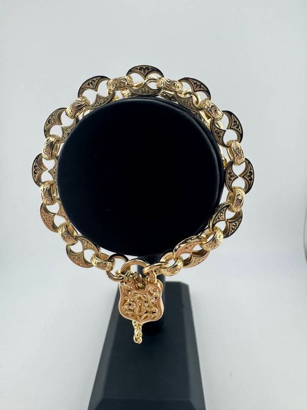 Button Bracelet with Safety Chain and Locket 7.5", 9ct Yellow Gold