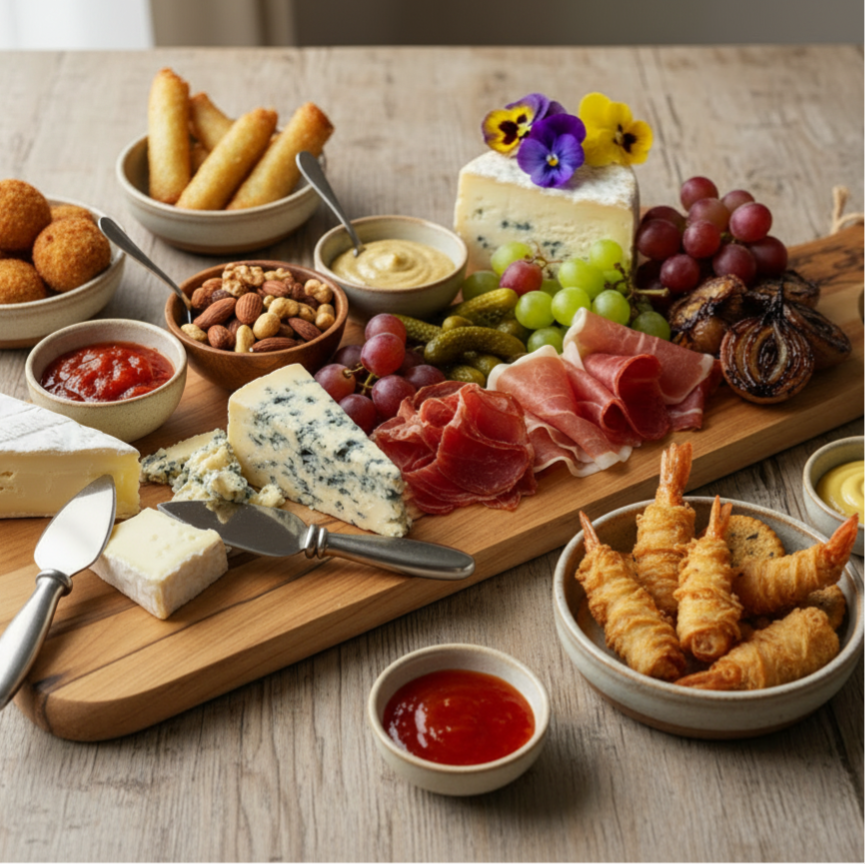 Borrelplank 8 personen met bitterballen, mini-loempia's en garnalen.