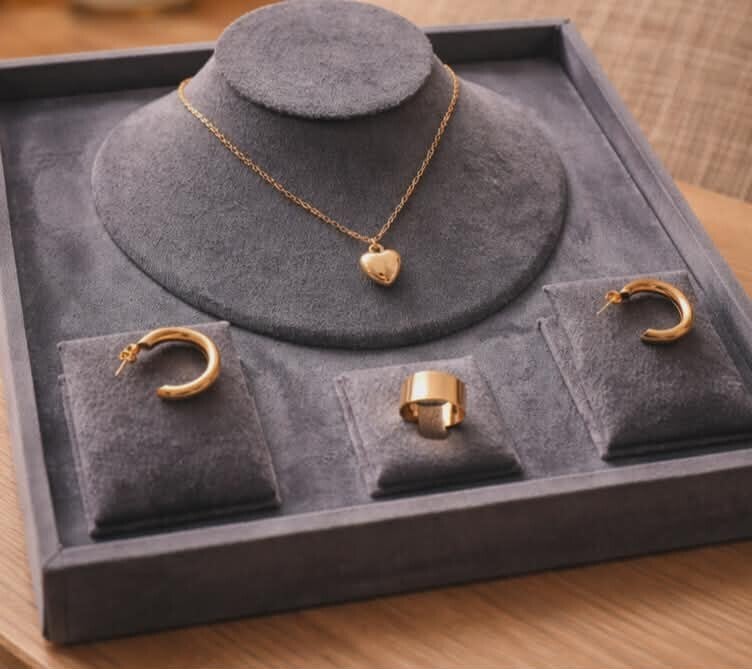 S/ Fashion Gold Women Heart Set Necklace Earrings & Ring Stainless Steel