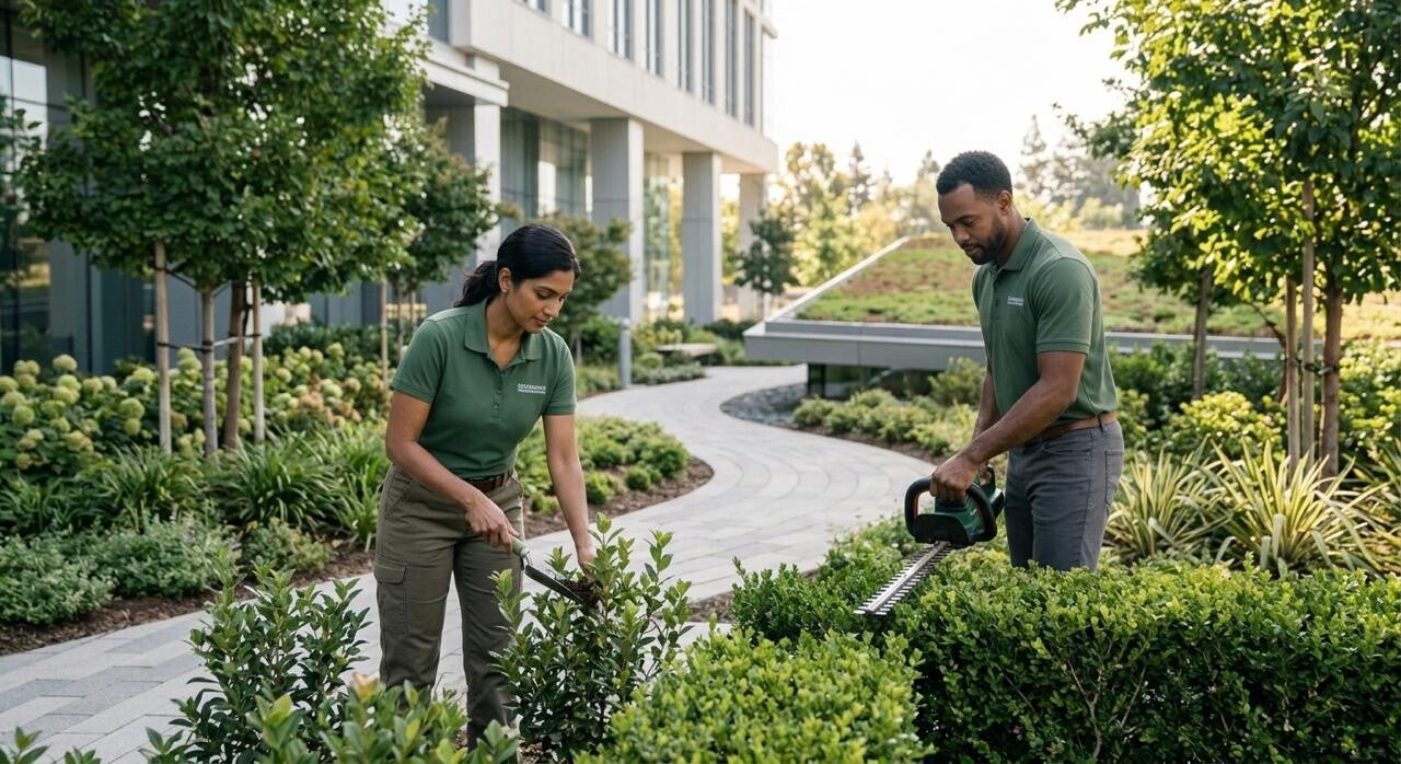 Professional landscaping and lawn maintenance team manicuring bushes outside a commercial office building managed by Ladab Capital Limited in Uganda.