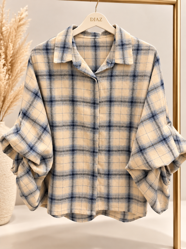 Check Blouse met Pofmouwen – Beige/Blauw