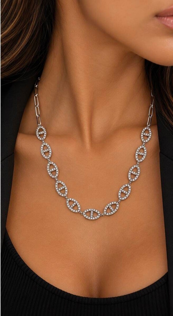 Statement Ketting Dames met Strass Ovale Details – Zilver