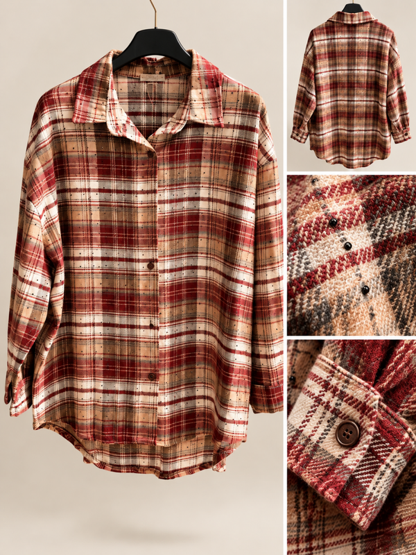 Burgundy Check Blouse Zwarte Strass