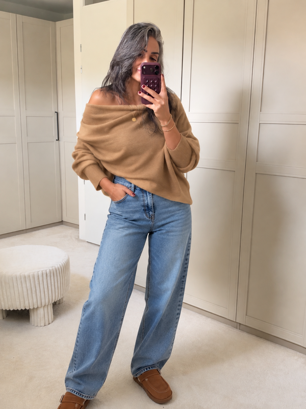 Camel Off Shoulder Trui Dames – One Size