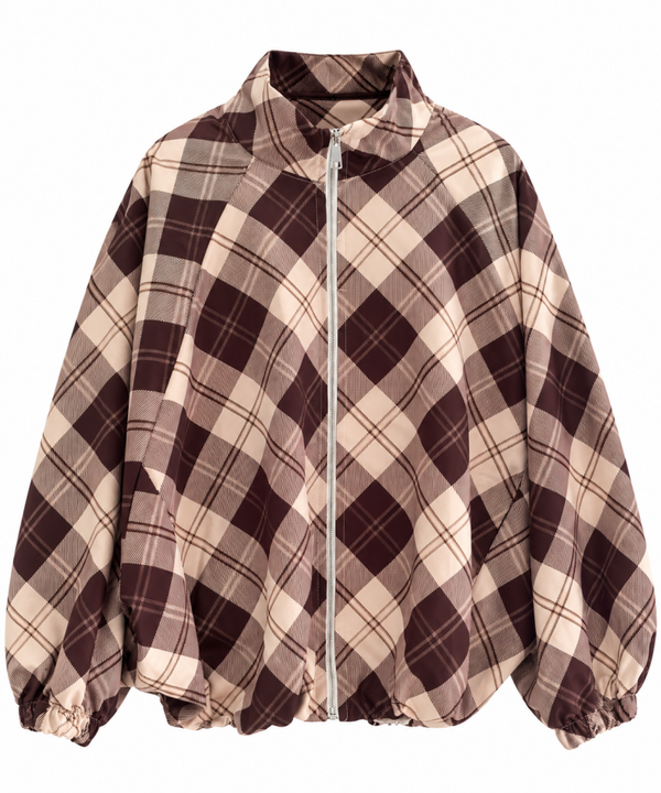Geruite Oversized Bomberjas – Burgundy & Beige